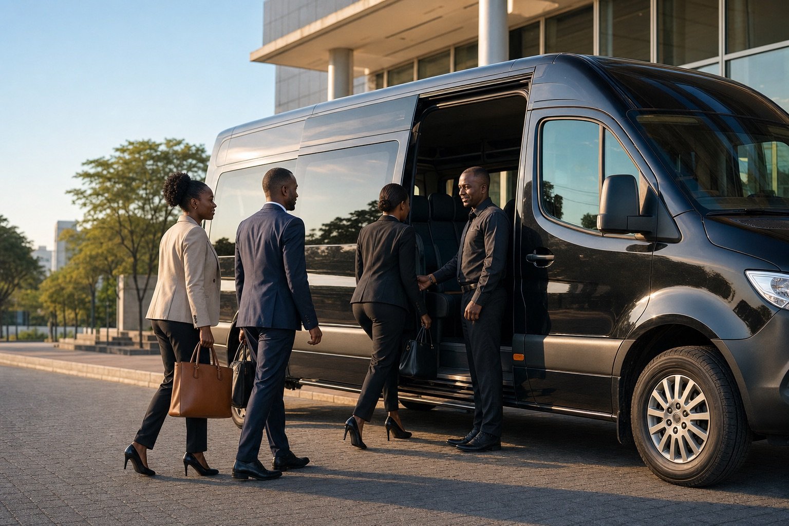 Profissionais negros a embarcar numa viatura executiva moderna